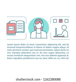 Language learning concept linear illustration. Audio courses, e-book. Listening. Article, brochure, magazine page layout with text boxes. Print design. Vector isolated outline drawing