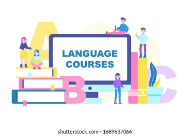 Language learning concept on white background. Online education, training school, study foreign language abroad, internet lessons. Vector illustration 