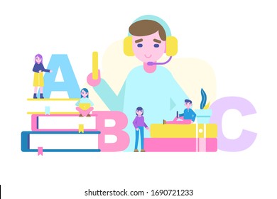 Language learning concept on white background. Online education, training school, study foreign language abroad internet lessons. Vector illustration 