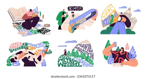 Language learning concept set. Foreign people study English, French, Spanish on linguistic course for self education. Exchange student at school, college, university. Flat isolated vector illustration