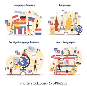 Language learning concept set. Study foreign languages with native speaker. Idea of global communication. Studying foreign vocabulary. Vector illustration in cartoon style