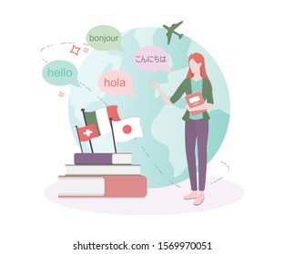 Language learning concept. Study foreign languages with native speaker. Idea of global communication. Studying foreign vocabulary. Vector illustration in cartoon style