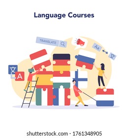 Language learning concept. Study foreign languages with native speaker. Idea of global communication. Studying foreign vocabulary. Vector illustration in cartoon style