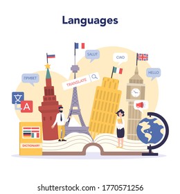 Language learning concept. Study foreign languages with native speaker. Idea of global communication. Studying foreign vocabulary. Vector illustration in cartoon style