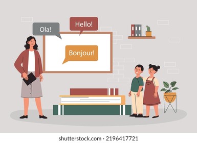 Language learning concept. Teacher helps children learn foreign languages. Education, learning, development and training. Pupils at school, in class at lesson. Cartoon flat vector illustration