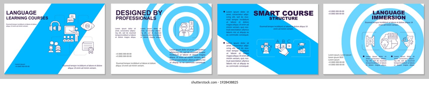 Language learning courses brochure template. Smart course structure. Flyer, booklet, leaflet print, cover design with linear icons. Vector layouts for magazines, annual reports, advertising posters