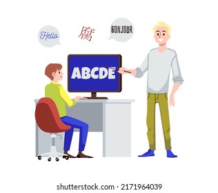 Cursos de aprendizaje de idiomas estudiantes y profesores, ilustración plana vectorial aislada en el fondo blanco. Aprender lecciones y tutorías en línea en idiomas extranjeros.