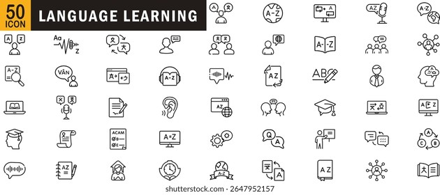 Language learning editable outline icon set. Translation education speaking reading listening and more
