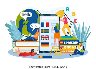 Language learning, education and training courses online vector illustration. Foreign languages by internet, phone app, icons for english, german, french. University and school course, dictionary.