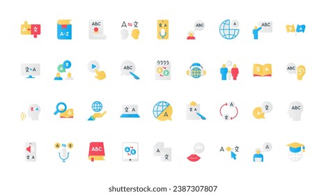 Language learning flat icons set. Language study and acquisition symbols, books and dictionaries, speech bubbles, online courses, and multilingual communication tools.