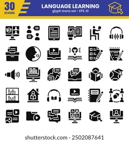 Conjunto de iconos de glifos de aprendizaje de idiomas. Esta colección se utiliza en App, Sitios web, presentaciones y materiales impresos.