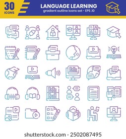 Language learning gradient outline icon set .This collection use in apps,websites,presentations, and printed materials.