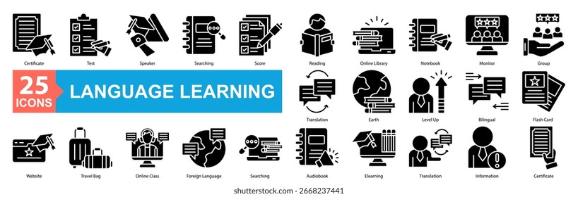 Conjunto de iconos de aprendizaje de idiomas Certificado, Traducción, Audiobook, Prueba, Altavoz, Búsqueda, Puntuación, Lectura, Biblioteca en línea, Cuaderno, Monitor, Grupo