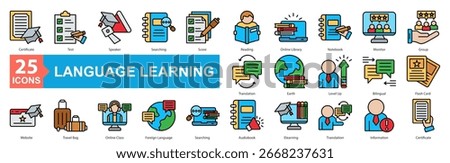 Language Learning Icon Set Certificate, Translation, Audiobook, Test, Speaker, Searching, Score, Reading, Online Library, Notebook, Monitor, Group