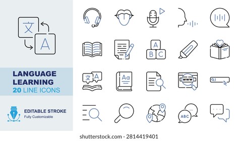 Language learning icon set. Editable line icons translation, headphones, pronunciation, voice record and speech bubble vector illustration