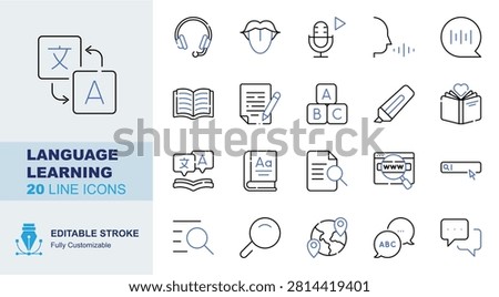 Language learning icon set. Editable line icons translation, headphones, pronunciation, voice record and speech bubble vector illustration