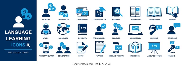 language learning icon set including speaking, writing, reading, listening, study, audiobook, dictionary, grammar, bilingual, polyglot etc. language learning icons for communication, speech, interview