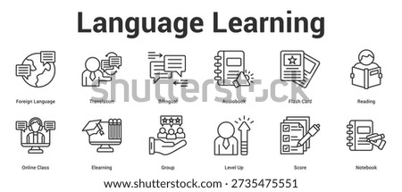 Language Learning icon set vector illustration concept for business with icon of Foreign Language, Translation, Bilingual, Audiobook, Flash Card, Reading, Online Class, Elearning, Group, Level Up, Sc.