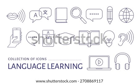 Language Learning icons collection. Online, school, educational elements and icons, linear minimalist style. Vector Illustrations