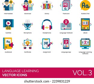 Iconos de aprendizaje de idiomas que incluyen avanzada, alfabeto, asignación, audio, audiolibro, principiante, bilingüe, pizarra electrónica, Braille, chats de burbujas, certificado, conversación, diccionario, eBook, tarjeta flash