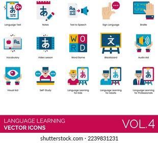 Iconos de aprendizaje de idiomas que incluyen avanzada, alfabeto, asignación, audio, audiolibro, principiante, bilingüe, pizarra electrónica, Braille, chats de burbujas, certificado, conversación, diccionario, eBook, tarjeta flash
