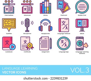 Iconos de aprendizaje de idiomas incluidos avanzados, alfabetos, asignación, audífono, audiolibro, principiante, bilingüe, pizarra, Braille, charlas sobre burbujas, certificado, conversación, diccionario, eBook, tarjeta de flash