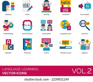 Language Learning Icons including Advanced, Alphabet, Assignment, Audio, Audiobook, Beginner, Bilingual, Blackboard, Braille, Bubble Chat, Certificate, Conversation, Dictionary, eBook, Flashcard