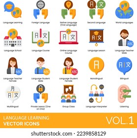 Language Learning Icons including Advanced, Alphabet, Assignment, Audiobook, Beginner, Bilingual, Blackboard, Braille, Bubble, Certificate, Conversation, Dictionary, eBook, Flashcard, Fluency, Grammar