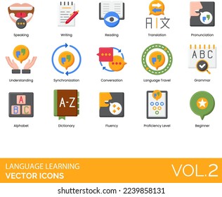 Language Learning Icons including Advanced, Alphabet, Assignment, Audiobook, Beginner, Bilingual, Blackboard, Braille, Bubble, Certificate, Conversation, Dictionary, eBook, Flashcard, Fluency, Grammar