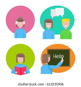 Language learning icons. Listening audio lesson, conversation, reading book, writing on the desk. 