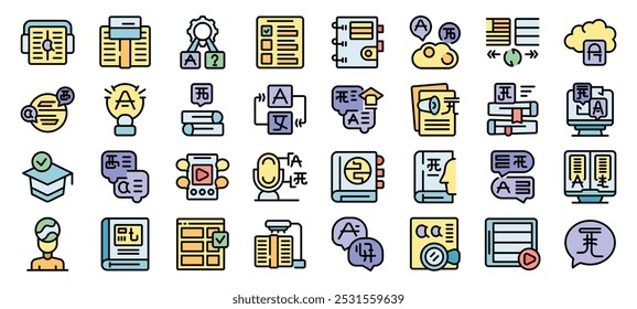 Language learning icons set, foreign language studying symbols collection, vocabulary practices, translations, online courses, audiobooks and dictionaries vector illustrations