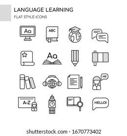 Language learning icons set isolated on white background. Online education, training school, study abroad. Vector illustration