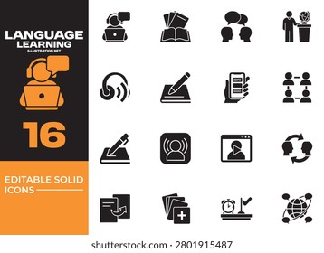 Language learning illustration set featuring communication practice, vocabulary building, cultural education, and multilingual development concepts.
