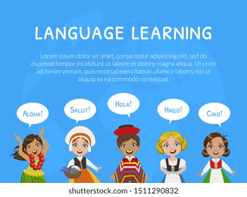 Language Learning Landing Page Template with Cute Boys and Girls in Traditional Costumes, Educational Courses for Kids Vector Illustration
