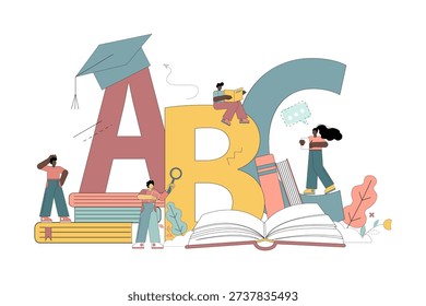 Language learning. Letters A, B, C, books, and an academic cap. Language courses. Education. People learning a language. Flat illustration.