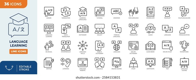language learning line editable icon set. language learning icon set. Vector illustration	
