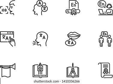 Language learning line icon set. Book, diploma, interpreting. Education concept. Can be used for topics like communication, studying abroad, elearning