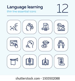 Language learning line icon set. Book, diploma, interpreting. Education concept. Can be used for topics like communication, studying abroad, elearning