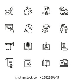 Language learning line icon set. Book, diploma, interpreting. Education concept. Can be used for topics like communication, studying abroad, elearning