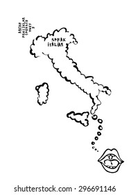 Language learning map with mouth speaking cartoon, the map is a speech bubble. Italy.