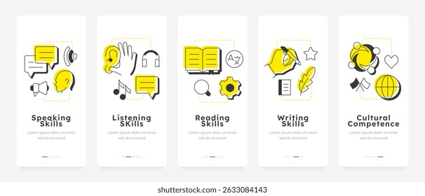 Language learning mobile app onboarding screens. Speaking, listening. Reading, writing. Communication, studying. Flat UI UX design, yellow highlight with outline icons conceptual
