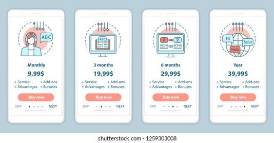 Language learning onboarding mobile app screens with service prices. Walkthrough website pages templates. Online language courses costs steps. Tariff plans. Smartphone payment web page layout