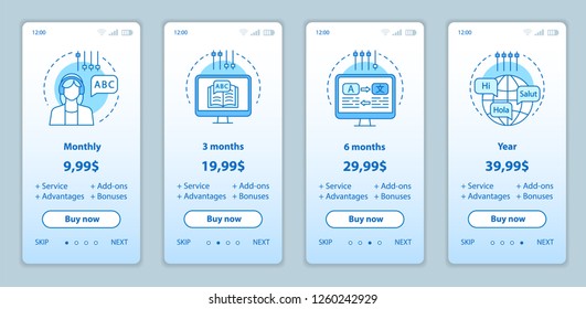 Language learning onboarding mobile app screens with service prices. Walkthrough website pages templates. Online language courses costs steps. Tariff plans. Smartphone payment web page layout