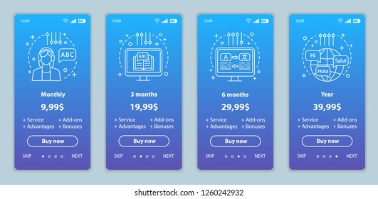 Language learning onboarding mobile app screens with service prices. Walkthrough website pages templates. Online language courses costs steps. Tariff plans. Smartphone payment web page layout