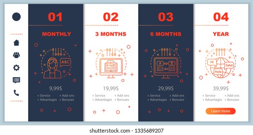 Language learning onboarding mobile app screens with service prices. Walkthrough website pages templates. Foreign language courses tariff plans steps. Smartphone payment web page layout
