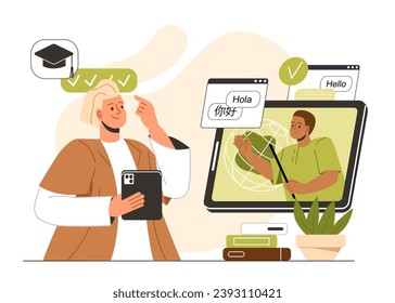 Language learning online concept. Student with teacher. Distance education and training. Lecture and webinar on internet. Cartoon flat vector illustration isolated on white background