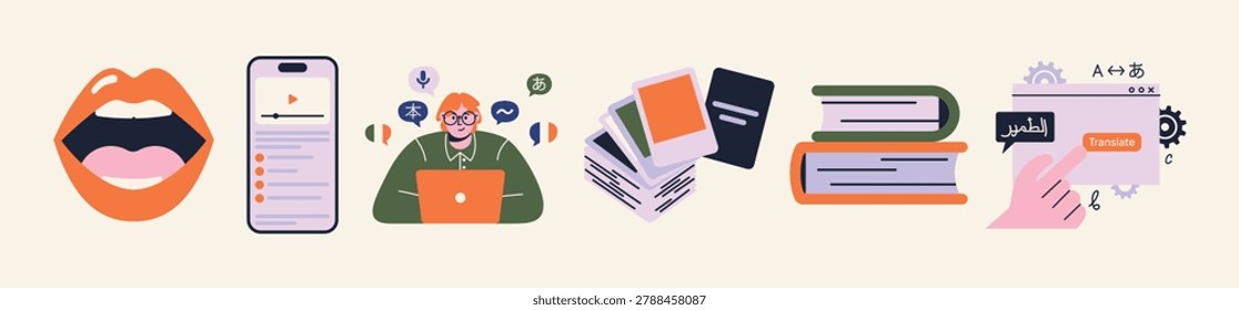 Language learning and online education concept vector illustration set smartphone app, student at laptop, flashcards, stack of textbooks, and digital translation interface