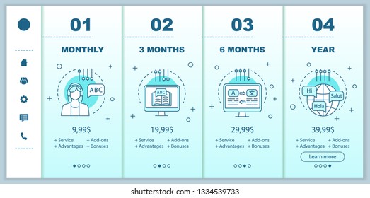 Language learning online school onboarding mobile app screens with service prices. Walkthrough website pages templates. Foreign language courses tariff plans steps. Smartphone payment web page layout