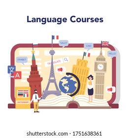 Language learning online service or platform. Study foreign languages with native speaker. Idea of global communication. Online course. Vector illustration in cartoon style