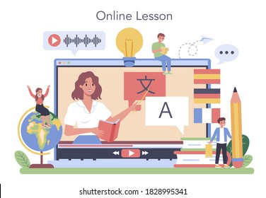 Language Learning Online Service Or Platform. Professor Teaching Foreign Languages. Children Studying Foreign Vocabulary. Online Lesson. Vector Illustration